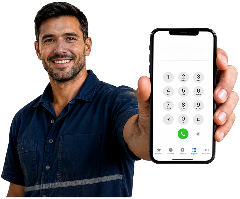 St Marys Blocked Drains plumber holding a phone — call 1300 261 965