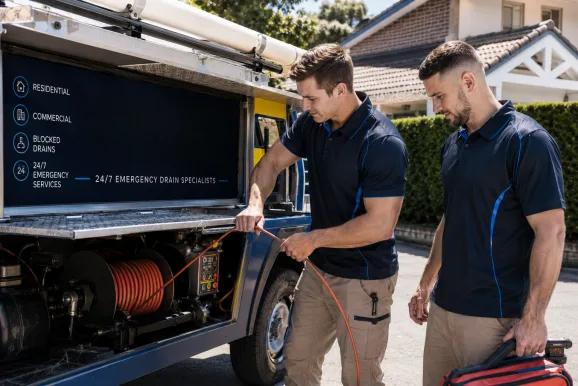 Two plumbers working on a blocked drain in St Marys