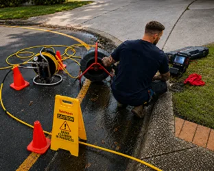 Plumber inspecting a blocked drain in St Marys