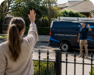 Customer waving goodbye to a St Marys Blocked Drains plumber